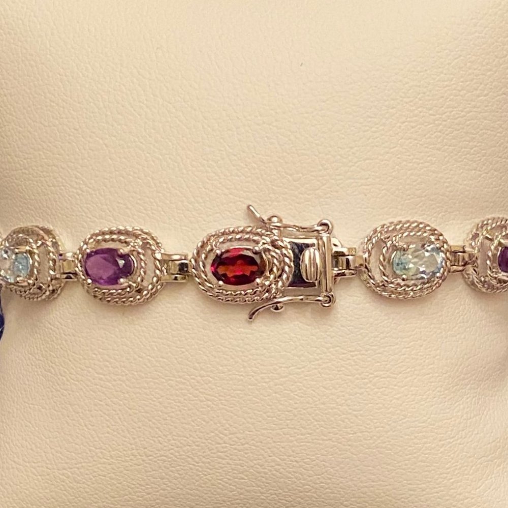 Colorful Multi-Gem & Sterling Silver Bracelet, 7" - Picture 9 of 13